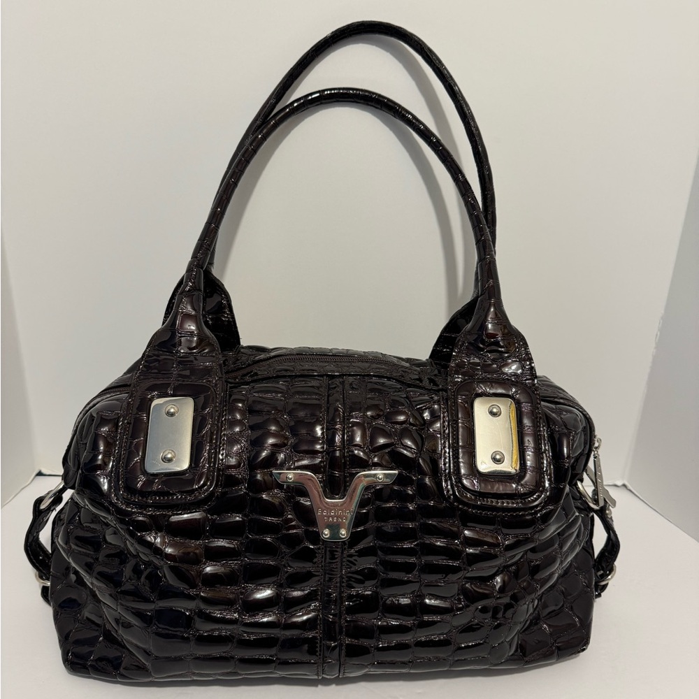 Baldinini Patent Leather Crock Embossed Double Handle Barrel like Shoulder Bag